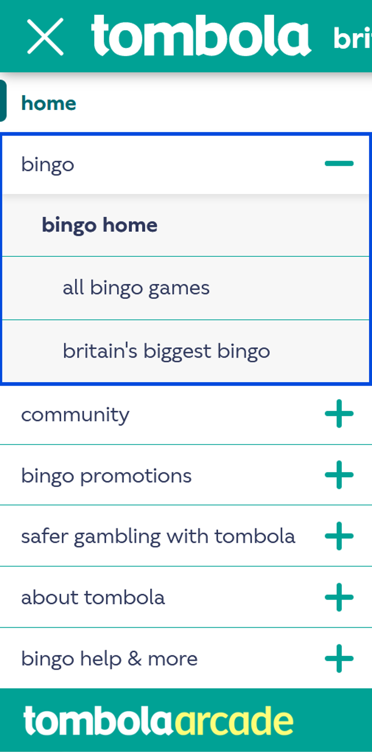 tombola navigation menu button with a sub menu screenshot