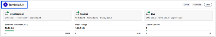 Umbraco Cloud Tombola UK Development instance project button screenshot