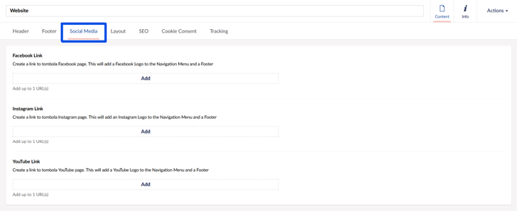 Website Social Media configuration screenshot