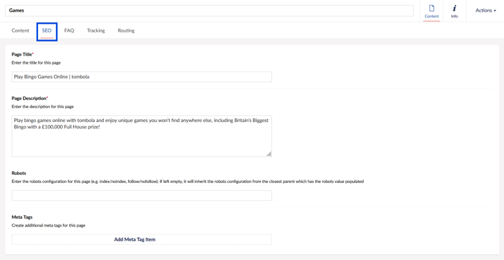 Umbraco Backoffice Bingo Games SEO screenshot