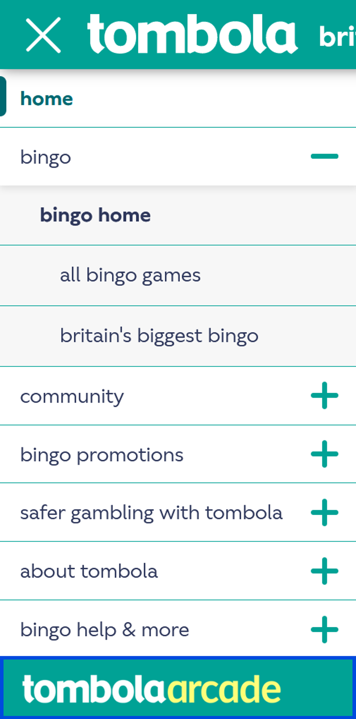 tombola navigation menu with logo link screenshot