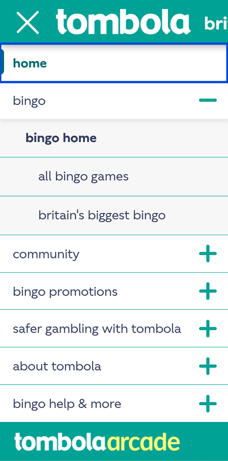 tombola navigation menu with link screenshot