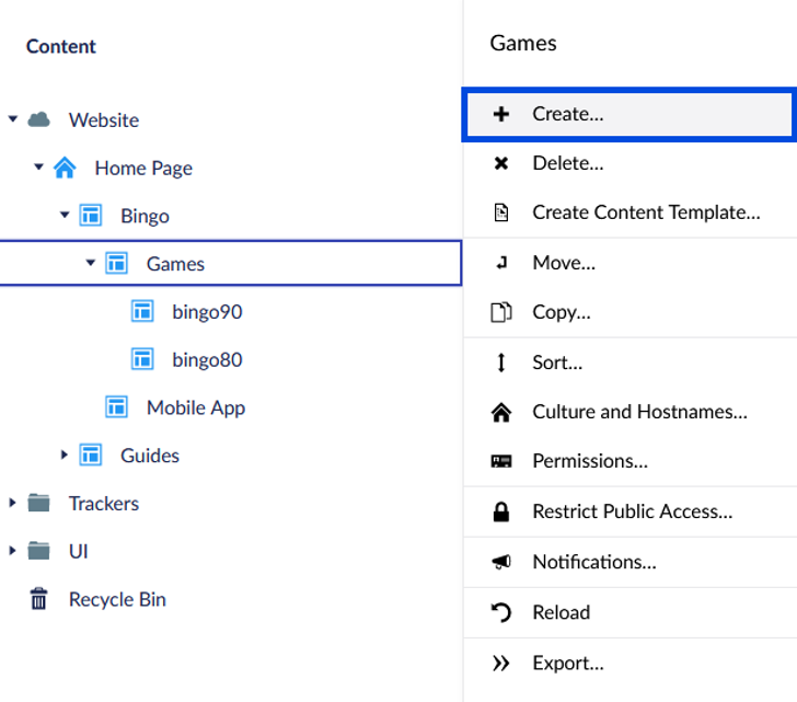 Umbraco Backoffice create new page step 1