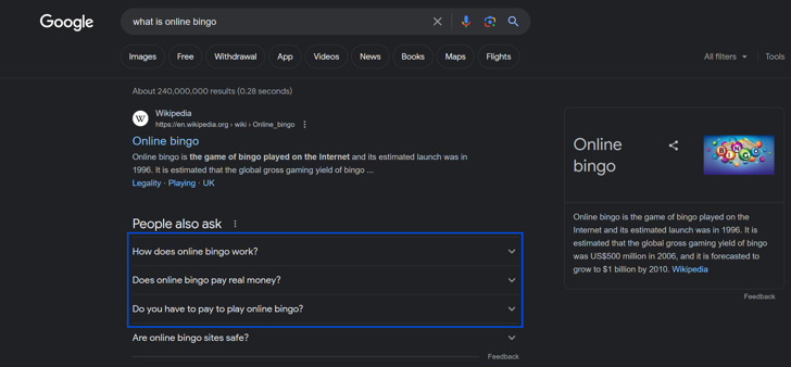 People also ask section inside Google results when searching what is online bingo