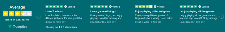 TrustBox Carousel Widget displaying tombola reviews in dark widget theme.