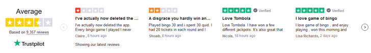 TrustBox Carousel Widget displaying tombola latest reviews.